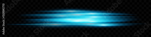 Blue light speed effect. Multiple horizontal streaks in neon glow with speed motion on dark transparent background. Ideal for technology, digital, future, sci-fi visuals.