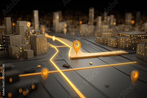Urban navigation system, highlighted route with golden pin