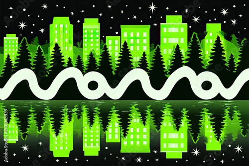 Neon green cityscape nestled in a forest at night, reflected in water