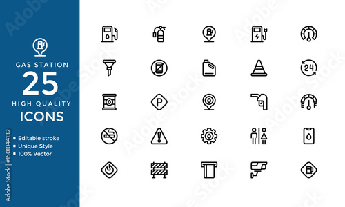 Gas Station Line Icons Set – Editable Vector Collection of Fuel Pump, Nozzle, Car, Tire Inflation, Convenience Store, and Restroom Symbols