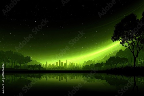 Green nocturnal city skyline