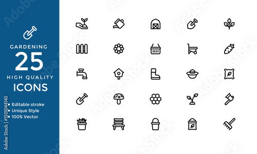 Gardening and Agriculture Line Icons Set – Editable Vector Collection of Tools, Cultivation, Sowing, Tractor, Shovel, Wheelbarrow, and Fence Symbols
