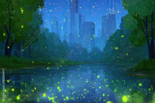 Nighttime city park with fireflies