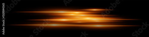 Orange motion streaks. Blurred glowing lines with soft light burst on black background, creating illusion of movement and depth. Ideal for speed, sci-fi, tech, energy effects.