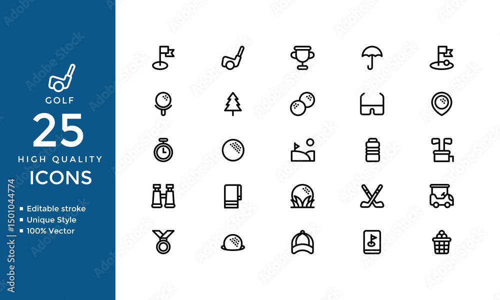 Golf Outline Icons – Simple Linear Vector Set of Clubs, Balls, Flags, and Sports Equipment Golf Outline Icons – Simple Linear Vector Set of Clubs, Balls, Flags, and Sports Equipment