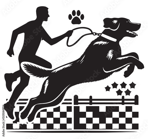 Dog Agility Training Silhouette: Man and Dog Jumping Over Obstacle Course, Black and White Graphic Illustration for Pet Services
