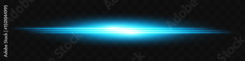 Blue light flash. Intense horizontal burst with glowing streaks on transparent background. Dynamic, hot energy line ideal for speed, sci-fi, power, laser, heat.