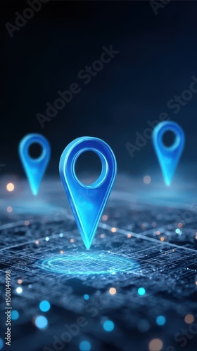 Three blue location pins placed on a digital map background, showing search location points and navigation locator tracking in modern gps system