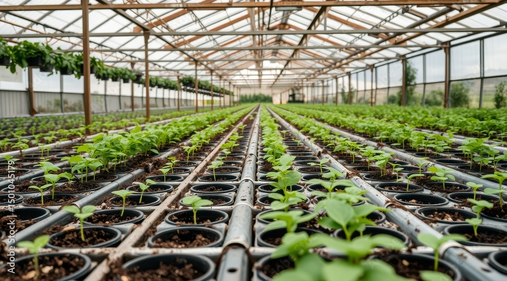 Rows of young seedlings in a greenhouse, representing growth, cultivation, and sustainability