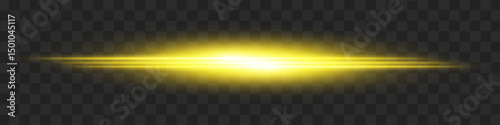 Golden light flash. Intense horizontal burst with glowing streaks on transparent background. Dynamic, hot energy line ideal for speed, sci-fi, power, laser, heat.