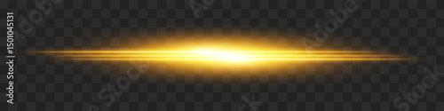 Golden light flash. Intense horizontal burst with glowing streaks on transparent background. Dynamic, hot energy line ideal for speed, sci-fi, power, laser, heat.