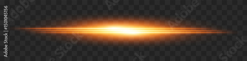 Golden light flash. Intense horizontal burst with glowing streaks on transparent background. Dynamic, hot energy line ideal for speed, sci-fi, power, laser, heat.