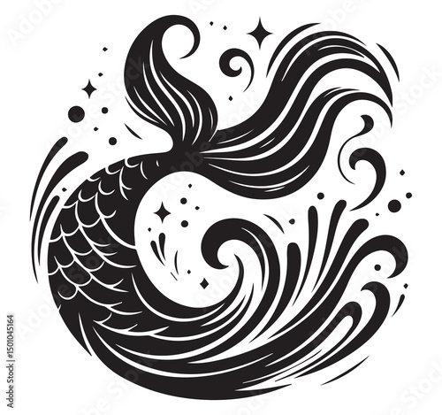 Mermaid Tail Vector Art: Black and White Illustration of a Stylized Fish Tail with Swirling Water, Stars, and Decorative Elements