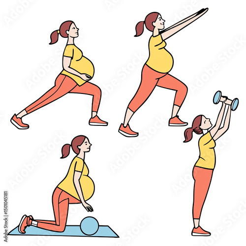 Set of fitness icons featuring pregnant women performing yoga and strength training exercises promoting health and wellness during pregnancy