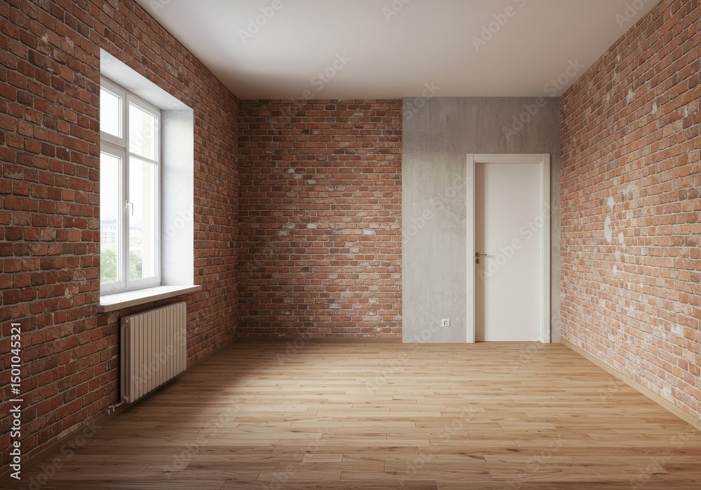 Obraz premium Empty Interior Photo Brick Wall Window Wooden Floor Natural Light