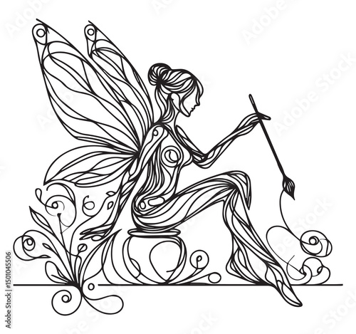 Detailed Line Art Fairy Sitting on Jar with Wings & Wand - Intricate Fantasy Illustration for Coloring Pages & Creative Projects