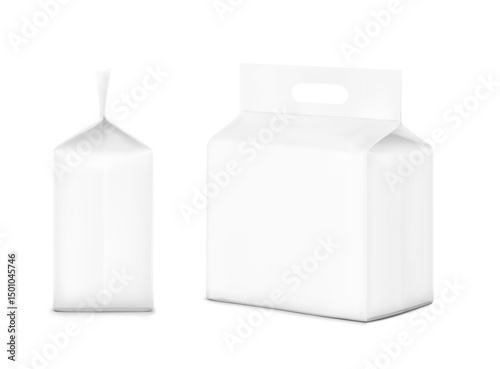 Realistic stand bag with hole handle mockup. Side, half side view. Vector illustration isolated on white background. Suite for the presentation of diapers, wet wipes, pants, changing mats. EPS10.