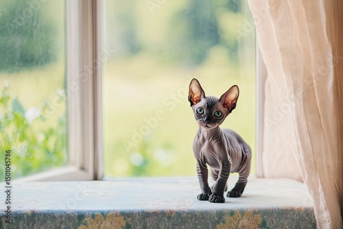 Gray hairless kitten on windowsill, looking at camera.  Soft light, blurred garden view
