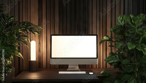 Nighttime workspace with computer, plants, and wood paneling