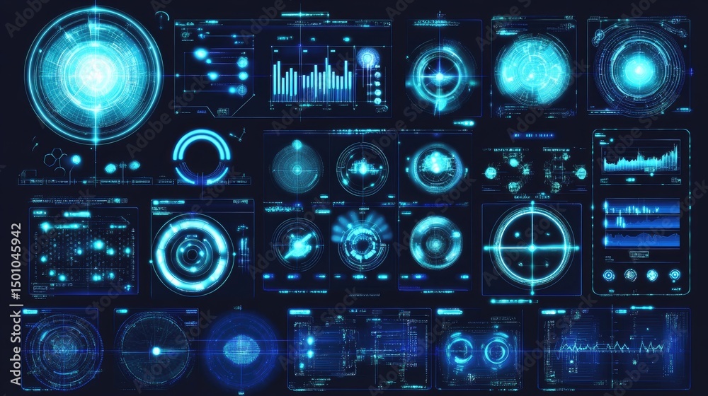 Obraz premium Futuristic blue digital interface elements; HUD, data visualizations, and tech displays