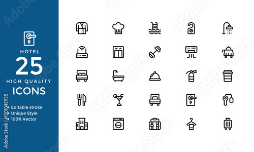 Hotel and Tourism Line Icons Set – Vector Collection of Wellness, Beach, Spa, Passport, Maps, Camera, and Landscape Symbols