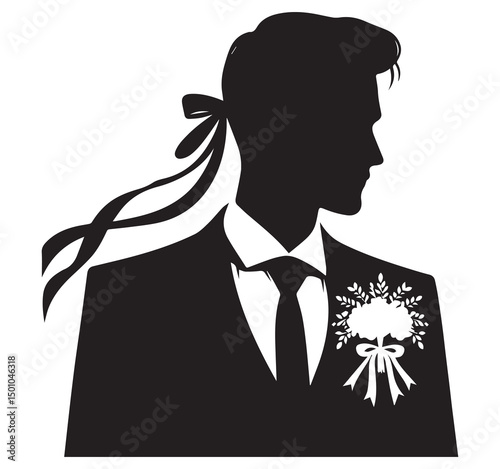 Groom Silhouette Vector: Elegant Man in Suit with Boutonniere and Ribbon Hairstyle, Wedding Illustration, Formal Occasion Graphic