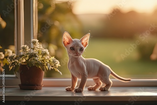 A  small, light-colored kitten stands on a windowsill, bathed in warm sunlight