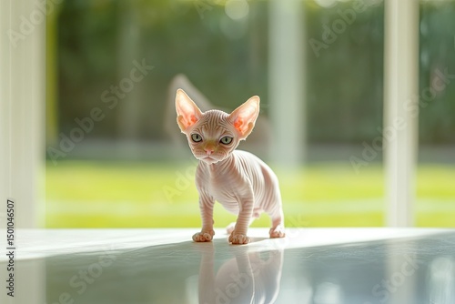 A light pink Sphynx kitten stands on a table