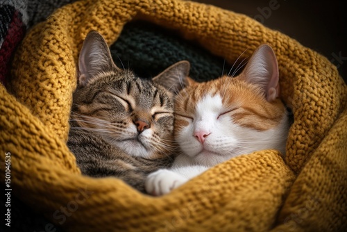 Two cats sleeping in a cozy yellow blanket together pet comfort