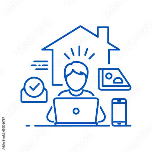 Remote worker icon silhouette at home, typing on a laptop, symbolizing flexible and isolated office. Perfect for WFH, freelancing, and virtual business concepts.