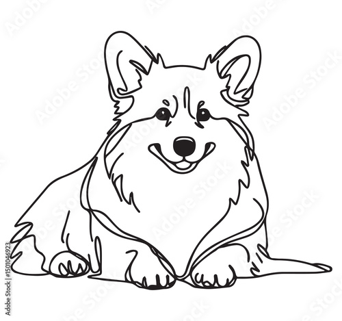 Corgi Dog Line Art Illustration: Minimalist One Line Drawing of a Cute Pembroke Welsh Corgi Puppy, Modern Pet Portrait, Black and White Outline