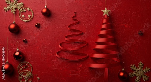 Festive Christmas Decorations On Red Glitter Background Photo