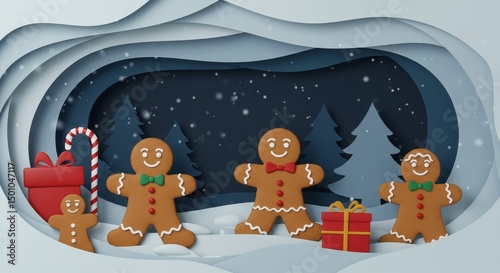 Festive Christmas Gingerbread Family Illustration in Paper Cut Style with Gifts
