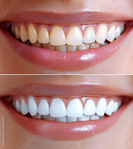 Close-up comparison of a smiling mouth before and after teeth whitening showing natural yellowish teeth on top and bright white teeth on bottom with glossy lips