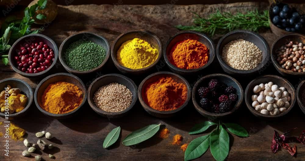 Colorful composition of various spices and herbs on a wooden background. Colorful array of healthy food including fruits and vegetables. Healthy eating. Top view with copy space