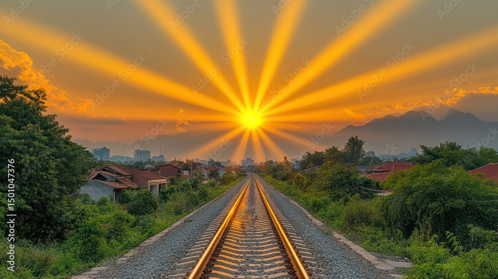 Obraz premium Sunbeams on Train Tracks at Sunset
