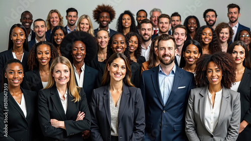 Diverse professionals smiling at camera in formal attire in group portrait. Group of multi-ethnic People standing together.