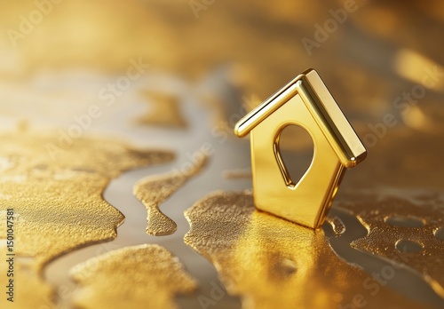 Golden house icon on a gold-painted surface