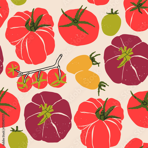 Various fresh, juicy tomatoes set. Whole red, green, black tomatoes, cherry tomatoes on a branch. Hand drawn modern Vector illustration. Healthy, natural food concept. Square seamless Pattern