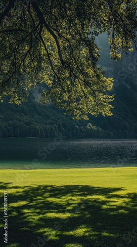 Lush green landscape with a lake and forest