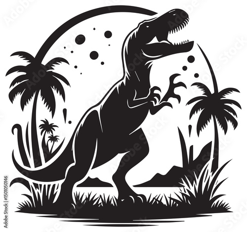 Black and White Tyrannosaurus Rex Silhouette Illustration: Prehistoric Dinosaur Graphic with Palm Trees and Landscape Art