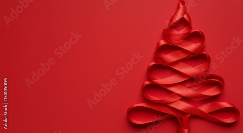 Festive Red Ribbon Christmas Tree on a Red Background Photo