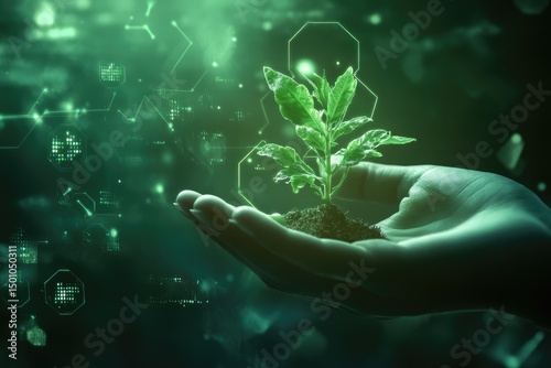 A hand holds a small plant, glowing green, surrounded by digital data