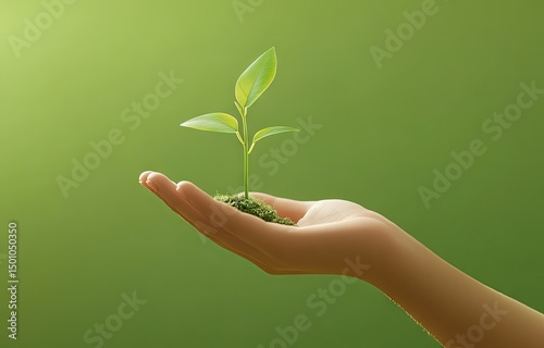 A hand holds a small sprout.  A delicate seedling,  with fresh green leaves, rests in a small patch of soil held within the cupped palm.  Gentle, soft lighting emphasizes the sprout's new life