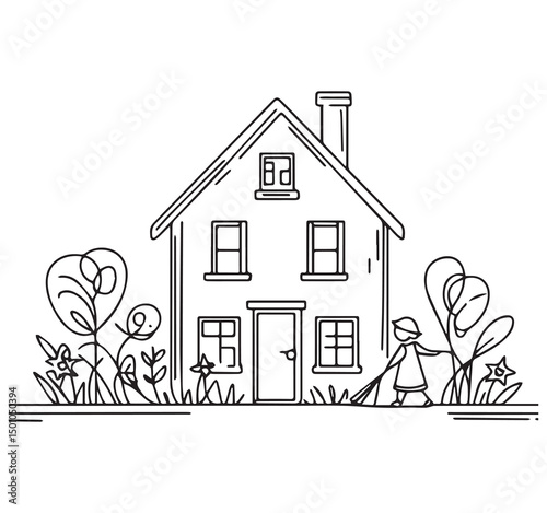 Line Art House Illustration: Simple Drawing of Home, Garden, Child, and Flowers for Coloring Pages & Creative Projects