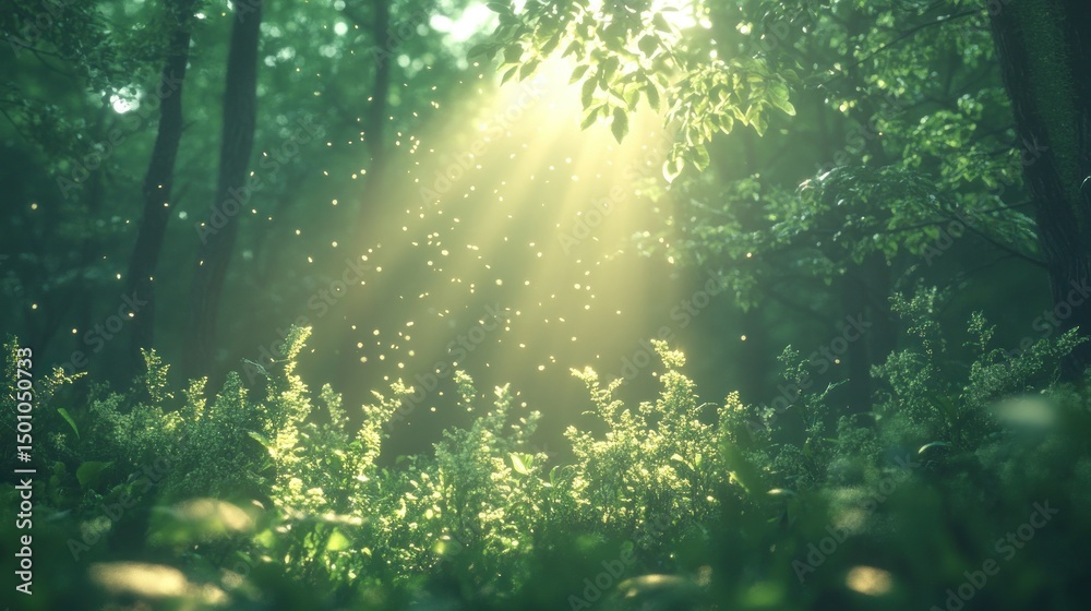 Obraz premium Sunlight streams through lush forest canopy, illuminating vibrant greenery. Gentle sunlight filters through leaves, illuminating a dense forest floor blanketed with fresh greenery