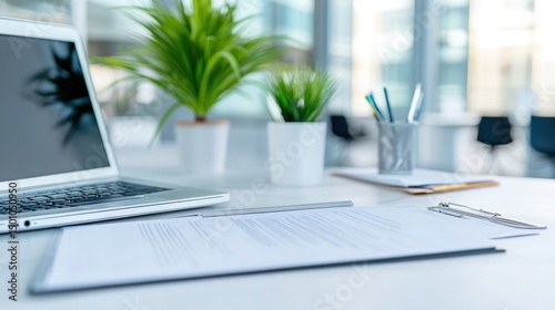 Laptop and documents on desk in bright office environment for business finance work