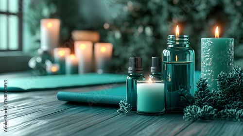 Serene Teal Spa Setting, Candles, Oils, and Yoga Mat
