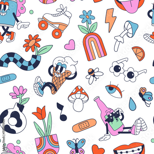 Repeatable pattern of retro elements in groovy style of 70s. Endless background of funky characters, rainbow, flowers, mushrooms, signs of hearts with 80s vibe. Flat seamless vector illustration