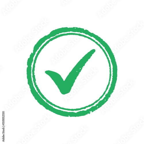 Green checkmark stamp, representing approval, validated, agreed and reviewed.